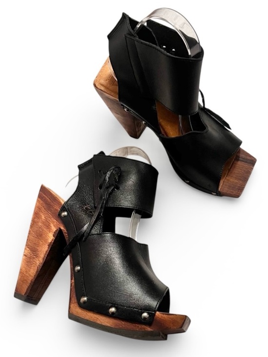 John Fluevog Shoes - NWOB John Fluevog Rahab Black Leather Wood Lace Up Platform Peep Heel Square 8